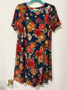 LOFT Navy Floral Swing Dress with Multicolor Blooms